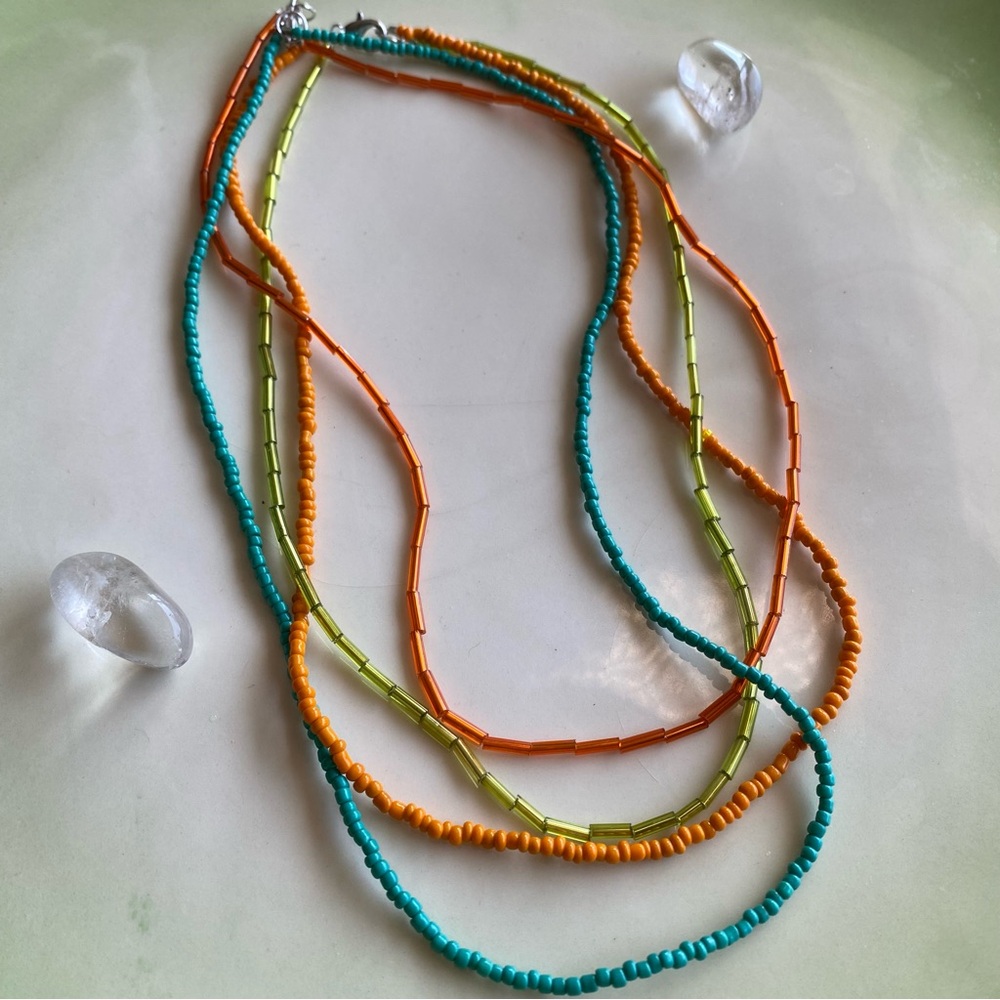 Cabana Orange & Green Layered Beaded Two Strand Necklace Set of 2 Turquoise Seed